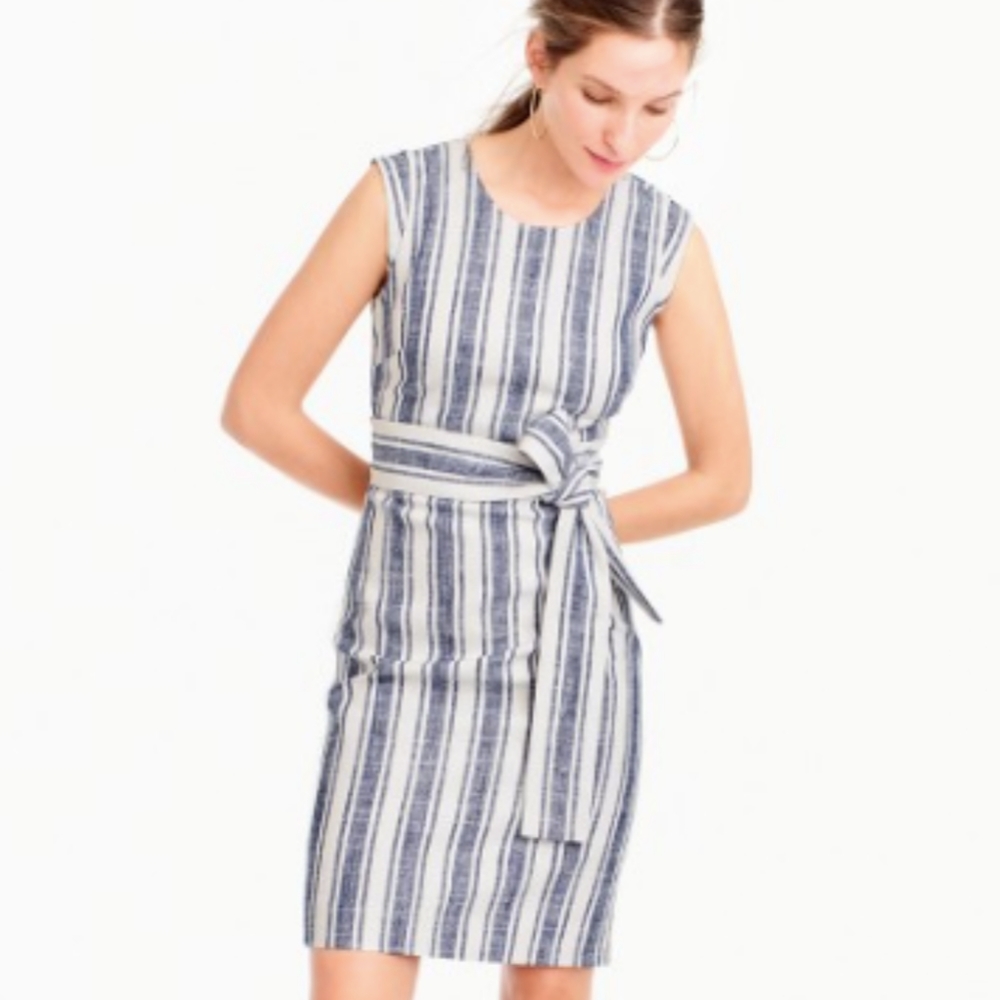 J. Crew Linen Blue White Stripe Dress Size 2P